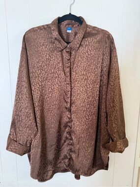 Women’s Satin Leopard-Print Button-Up Shirt — Brown